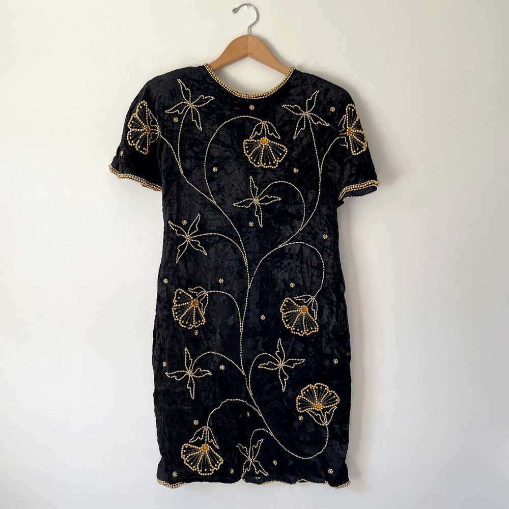 Black Crushed Velvet Gold Beaded Floral Dress Medium Whimsigoth Romantic Vintage